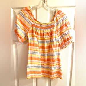 Talbots Pastel Striped Square Neck Linen Peasant Blouse- Excellent Condition